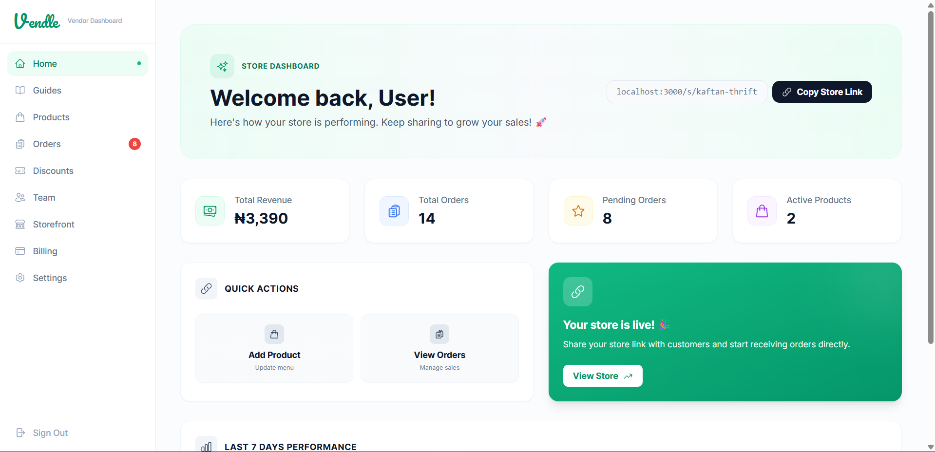 Vendle Dashboard - Desktop View